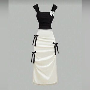 SHEIN Black and White Pencil Skirt with Bow Accents